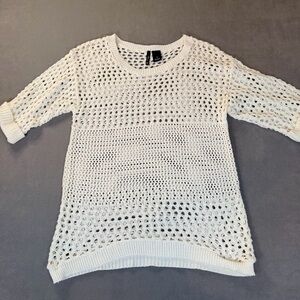 New Directions Woman Crocheted White Short Sleeve Sweater- 1X